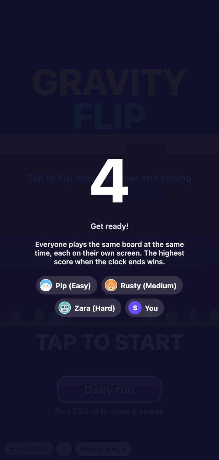 The countdown card says who you are racing and how the race works.