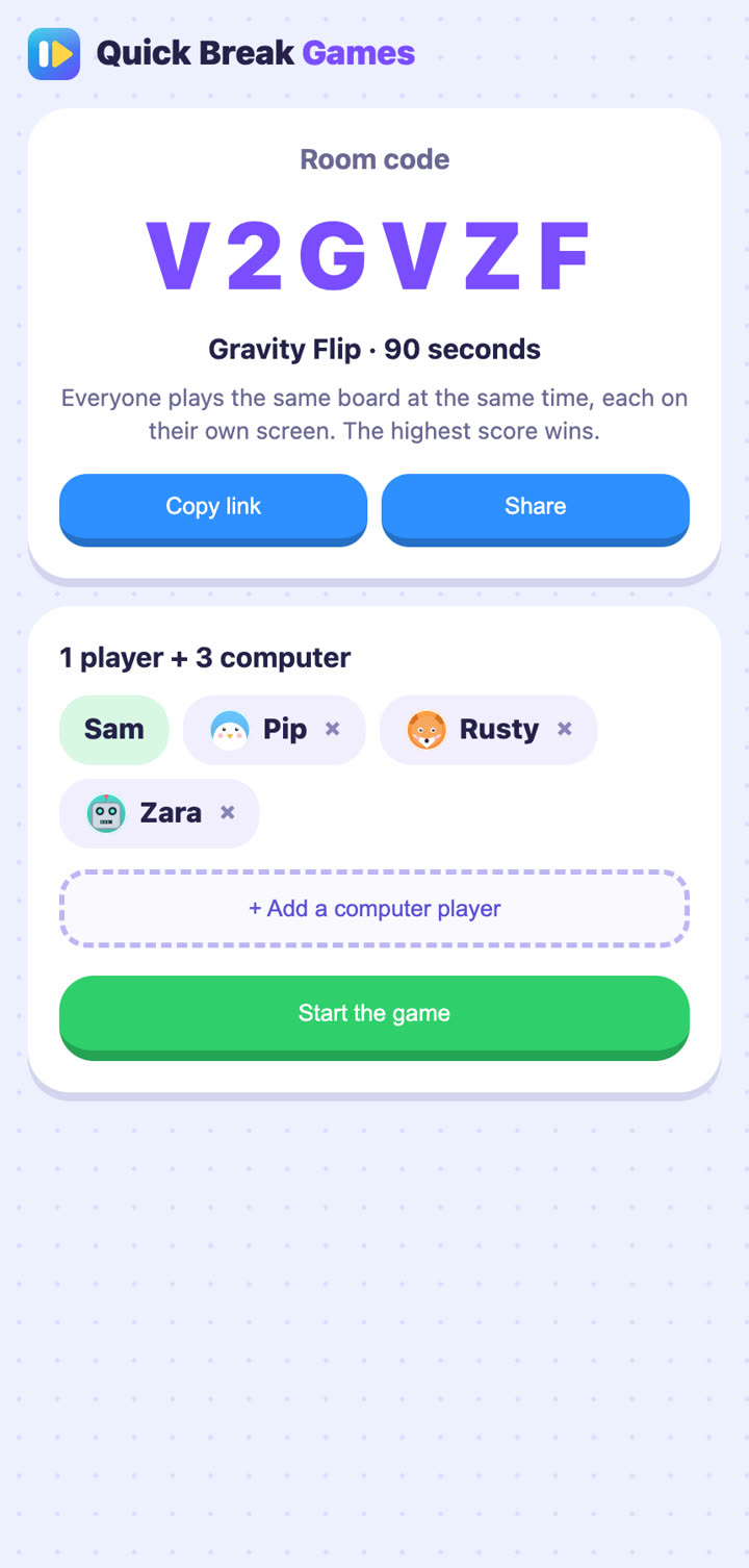 The lobby: a room code, a link, and the players who joined. The host can add computer players.