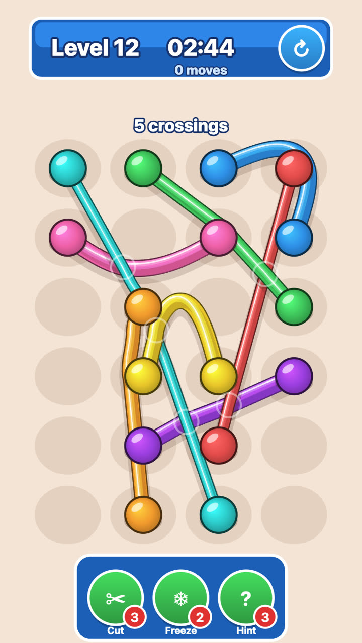 Level 12: five crossings left. Crossings are shown with small circles so you know exactly what to fix.